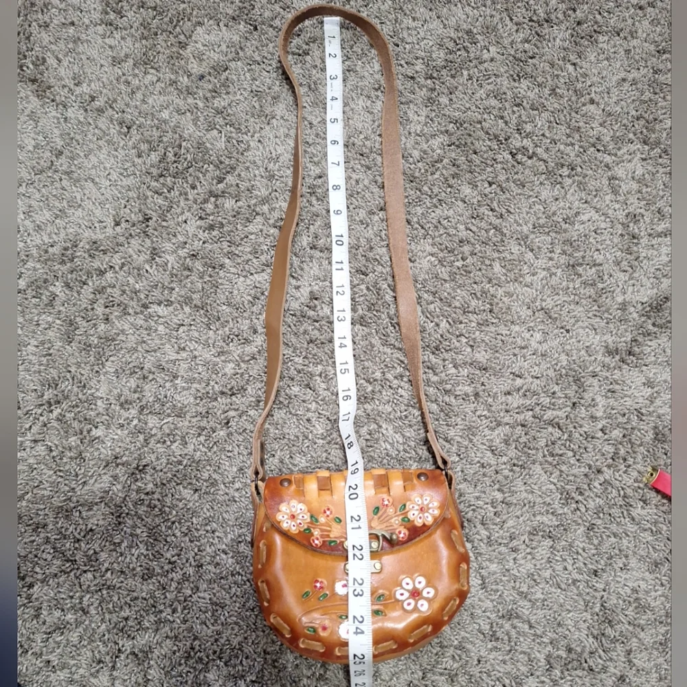 Handmade Mexico Leather Floral Tooled Woven Handpainted Crossbody Bag-Brown - Picture 6 of 7